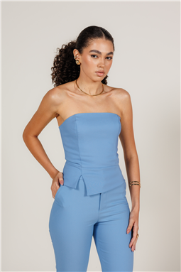 corselet azul; corselet com pequena abertura frontal; corselete azul Lile; corselet; tomara que caia; Lile; madame Charlotte