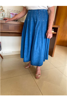 saia jeans evas; saia jeans; saia com pregas; saia jeans Luzia Fazzolli; saia jeans; Madame Charlotte