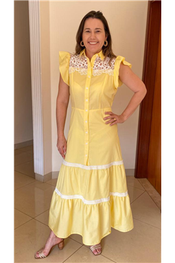 vestido midi tricolie amarelo com bordados; vestido midi amarelo; vestido midi bordado; vestido midi; vestido amarelo; vestido bordado; Madame Charlotte