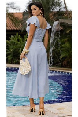 vestido em linho azul; vestido em linho azul frufru; vestido em linho; vestido azul; Madame Charlotte