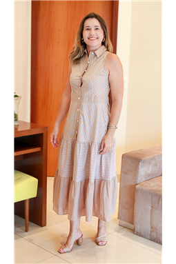 vestido listrado marrom; vestido tipo chemise marrom; vestido de algodo listrado; vestido listrado Madame Charlotte