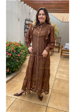 vestido tipo chemise; vestido manga longa com guipir; vestido manga longa marrom; vestido manga longa rosa; vestido fluido; vestido; 