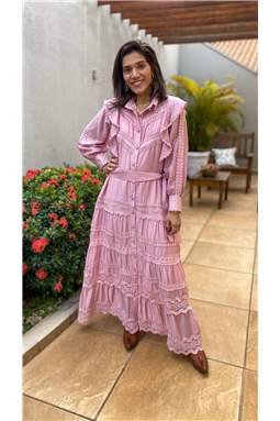 vestido tipo chemise; vestido manga longa com guipir; vestido manga longa marrom; vestido manga longa rosa; vestido fluido; vestido; 