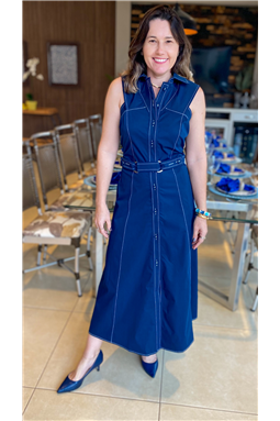 vestido sarja chemise; vestido chemise azul marinho; vestido azul; vestido; chemise; pesponto; Madame Charlotte