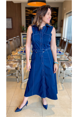 vestido sarja chemise; vestido chemise azul marinho; vestido azul; vestido; chemise; pesponto; Madame Charlotte