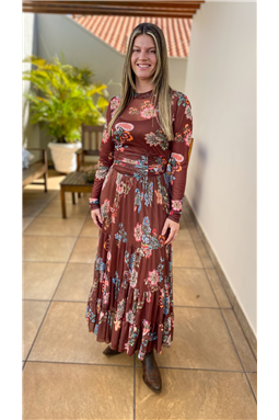 vestido tule estampado; vestido estampado marrom Luzia Fazzolli; vestido tule estampado marrom; Madame Charlotte